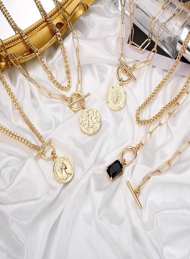 Yoosteel Gold Layered Necklaces for Women, 14K Gold Plated Cuban Link Chain Choker Necklaces Toggle Necklace Dainty Black Crystal Square Pendant Necklace Boho Style Jewelry Gold Layered Necklaces for Women - Image 5
